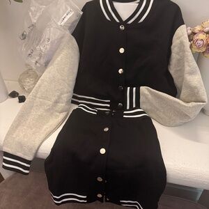 Skirt with cropped letterman style jacket sweatsuit set atheleisure wear